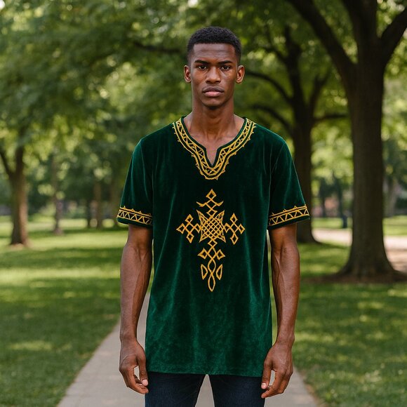 Ethiopian Men Hunter Green Short Sleeve Traditional Art Velvet Burnout Shirt M - Picture 1 of 6